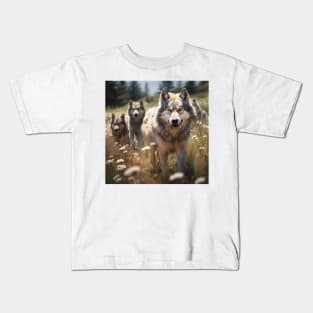 Wildlife: a pack of wolves wandering through a meadow Kids T-Shirt